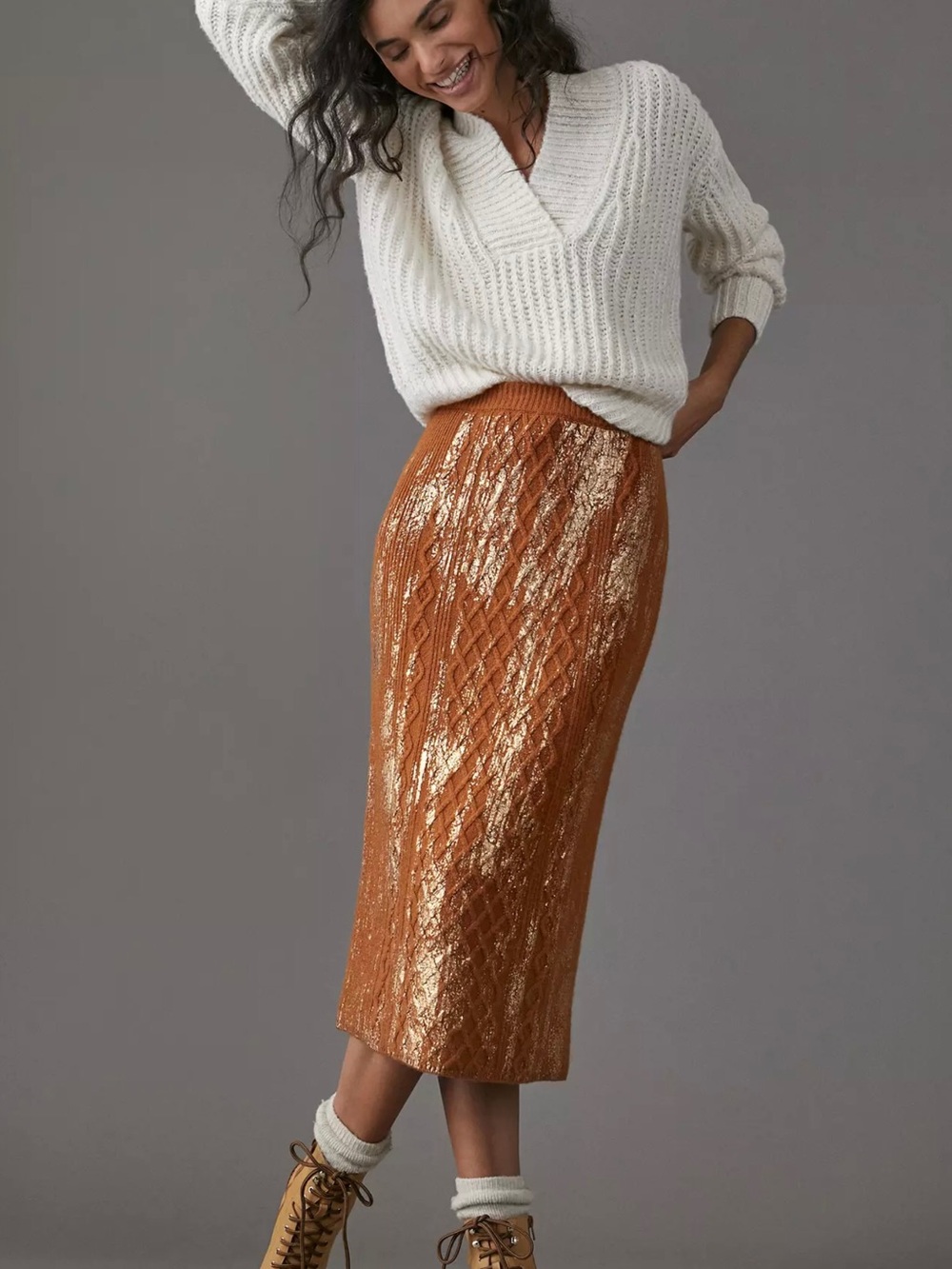 Anthropologie Metallic Copper Cable-Knit Maxi Skirt